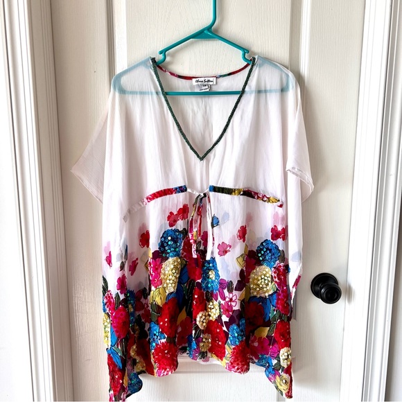 RHONA SUTTON Floral Sequin Embellished Drawstring Swim Cover Up—SZ. S/M - Picture 15 of 15